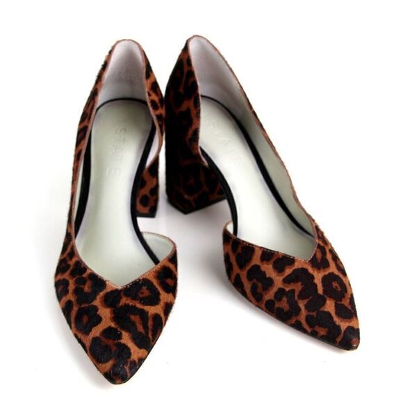 1. STATE BLACK BROWN CALF FUR ANIMAL PRINT MID HEEL POINTED TOE PUMP SHOES 9.5 M - Picture 6 of 14